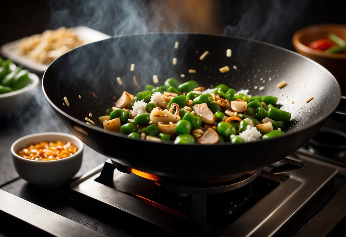 A wok sizzles with stir-fried sweet peas, garlic, and soy sauce, releasing a savory aroma. Chopsticks rest on the edge