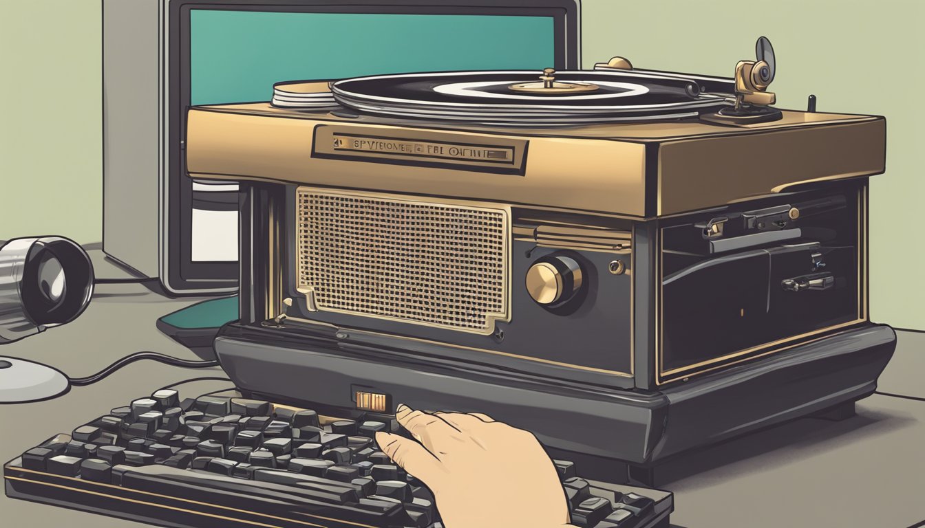 A hand reaches for a vintage phonograph on a computer screen, with a "buy online" button below