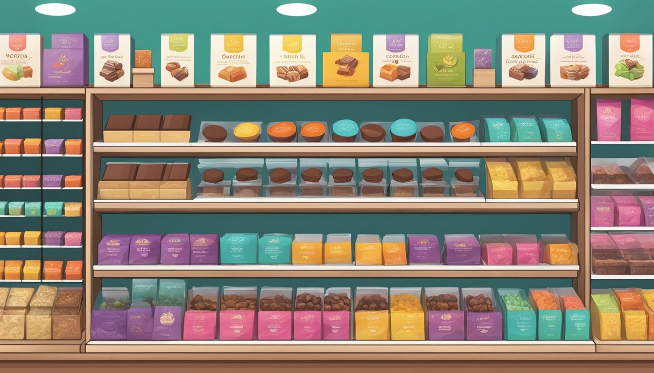 A display of assorted vegan chocolates in a bright, modern store in Singapore. Colorful packaging and enticing flavors draw in customers