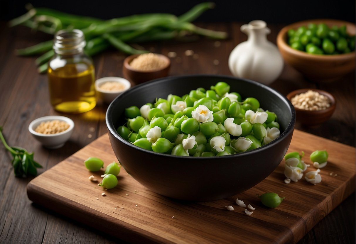 A bowl of fresh sweet peas, soy sauce, garlic, and ginger on a wooden cutting board. A wok with sizzling oil in the background