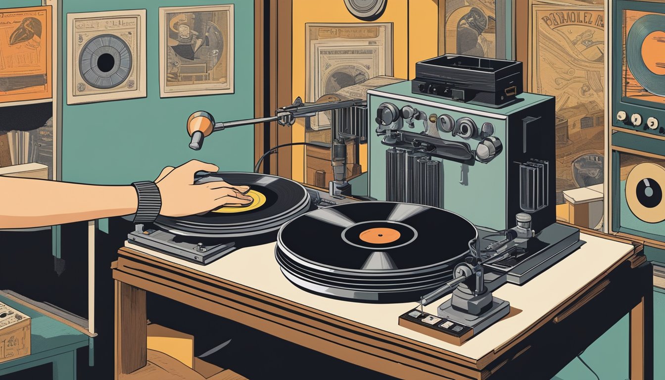 A hand places a vinyl record onto a phonograph turntable, while another hand carefully positions the needle. The phonograph is surrounded by vintage music posters and old-fashioned audio equipment