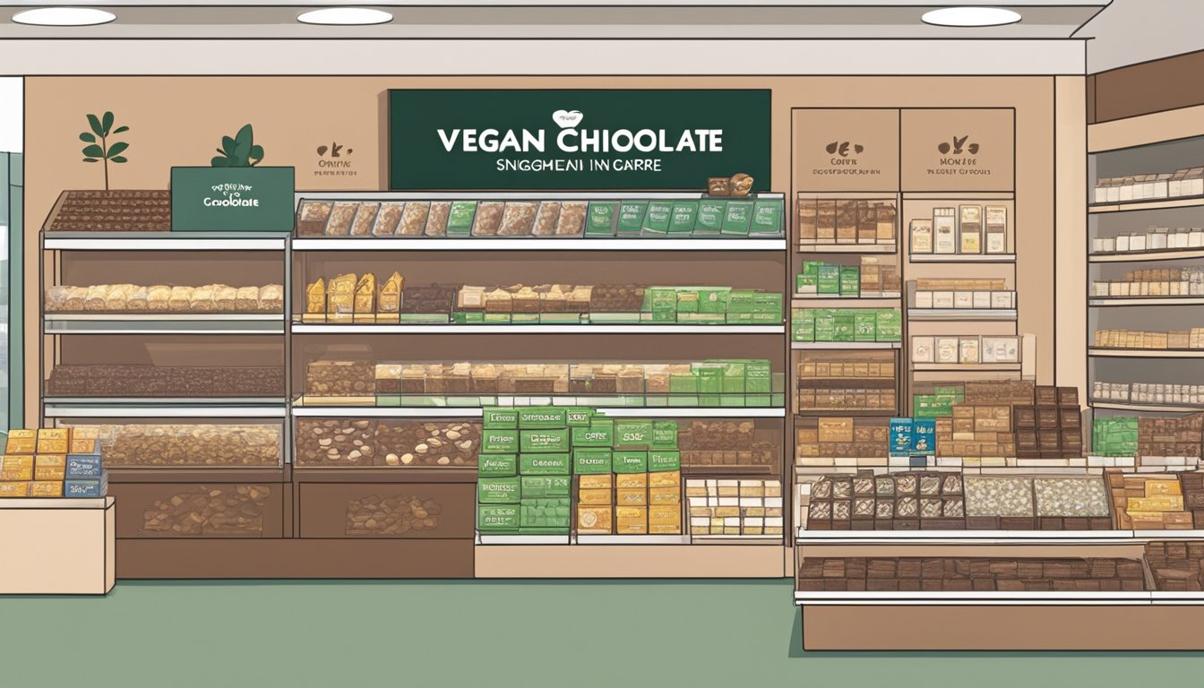 A display of various vegan chocolate brands in a Singaporean store, with clear signage indicating "Where to buy vegan chocolate in Singapore."