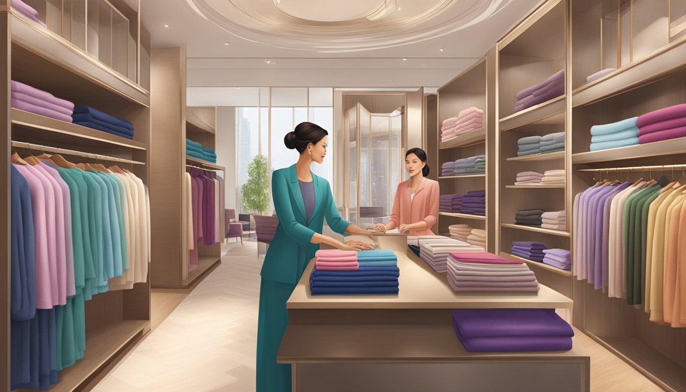A luxurious cashmere boutique in Singapore, with shelves lined with soft, colorful cashmere garments and a knowledgeable salesperson assisting a customer