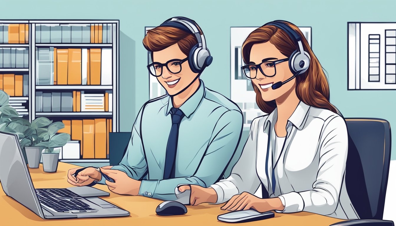 A customer service representative assists a customer with an online purchase. The representative is friendly and helpful, providing support and guidance
