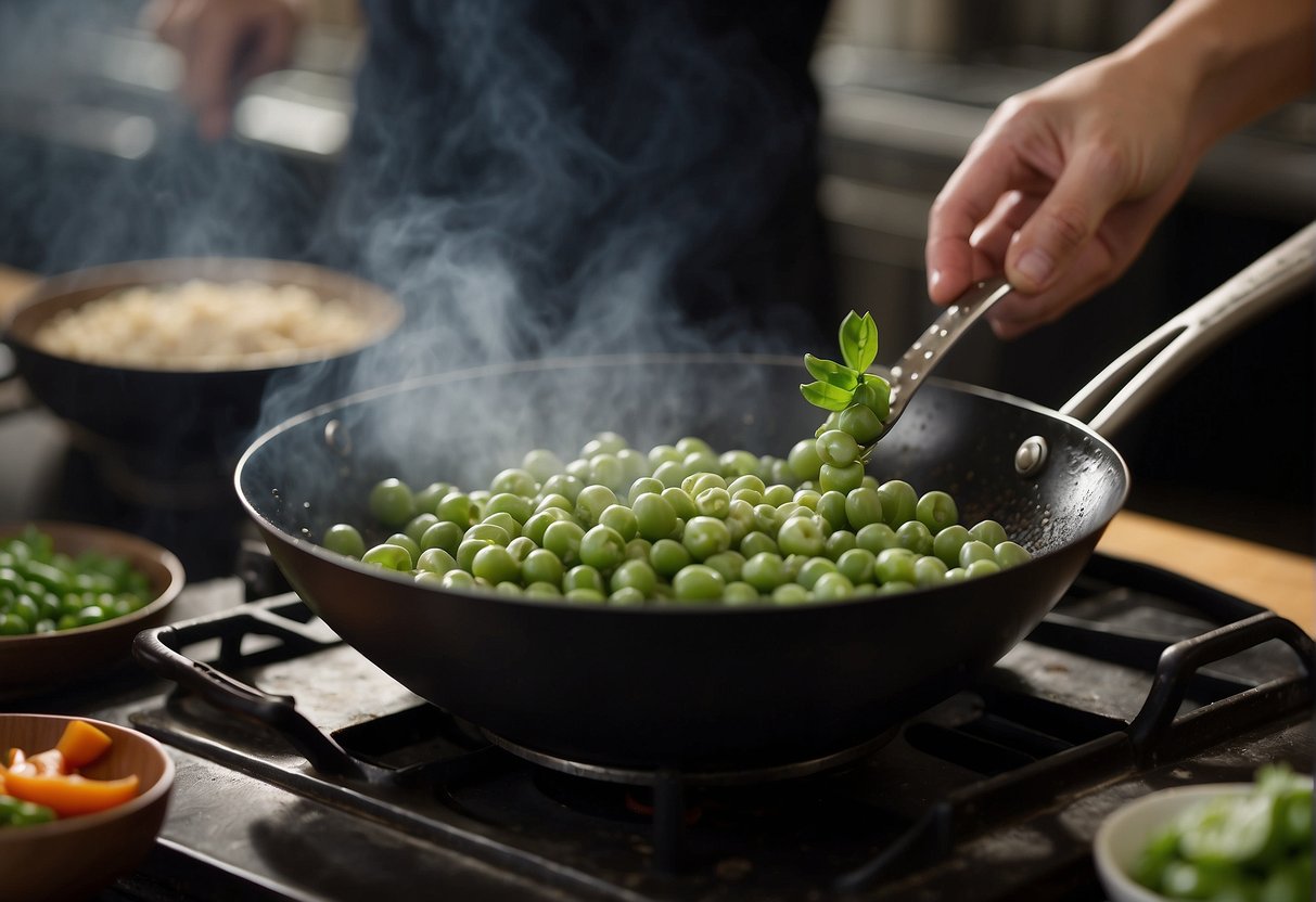 Sweet peas sizzling in a wok with garlic and ginger, as a chef tosses them with soy sauce and sugar, creating a savory Chinese dish