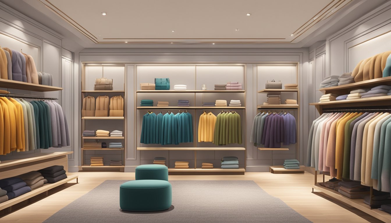 A luxurious cashmere store in Singapore with shelves of soft, colorful sweaters and scarves, elegant displays, and a welcoming atmosphere