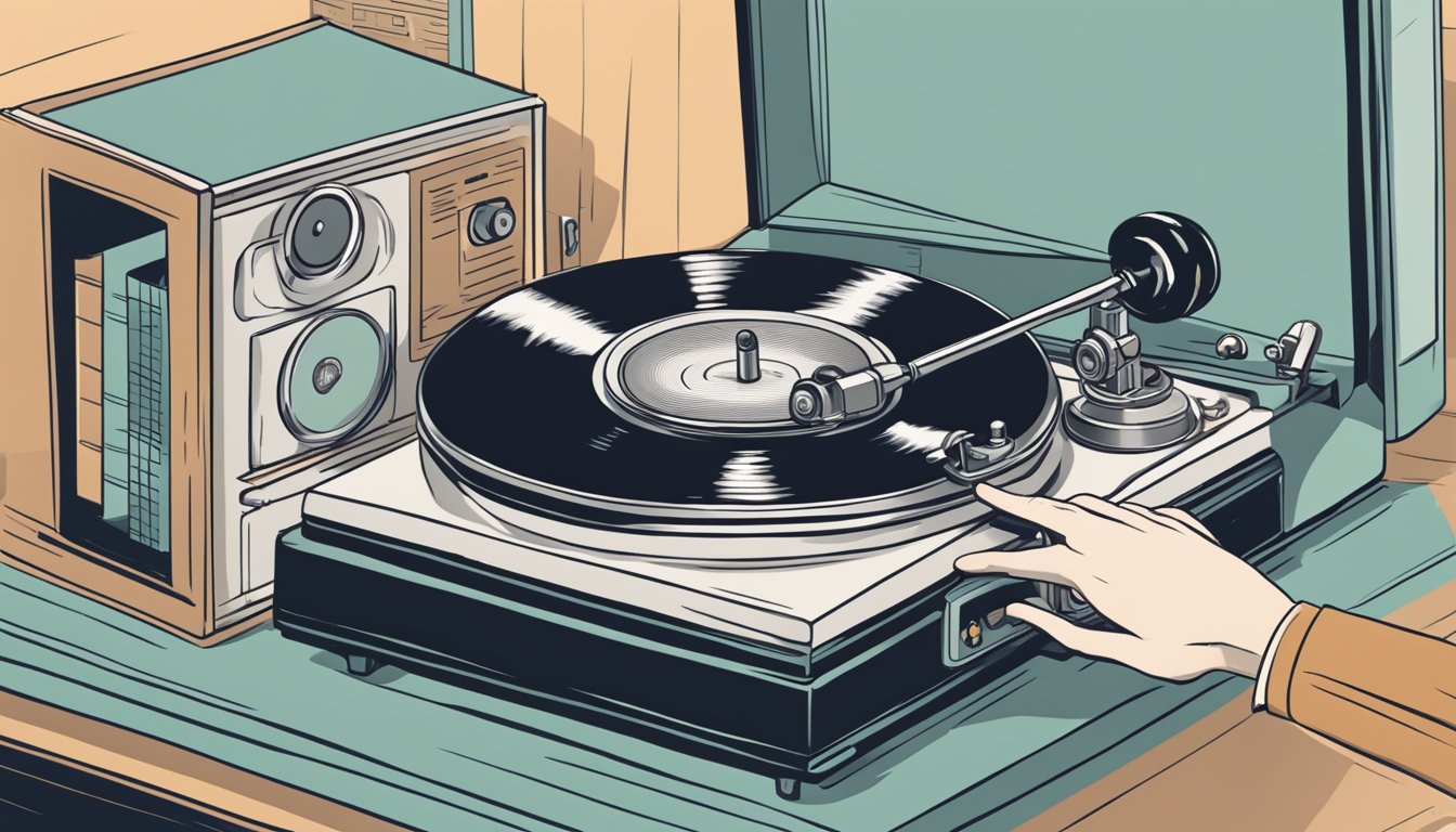 A hand reaches for a vintage phonograph on an online store. A FAQ section is visible on the screen