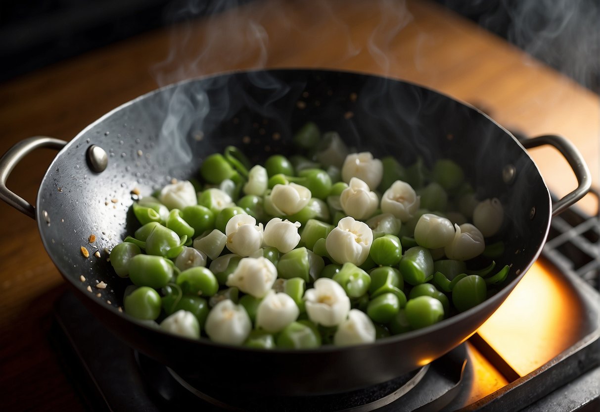 Sweet peas sizzle in a wok with garlic, ginger, and soy sauce. Steam rises as the ingredients are tossed together over high heat