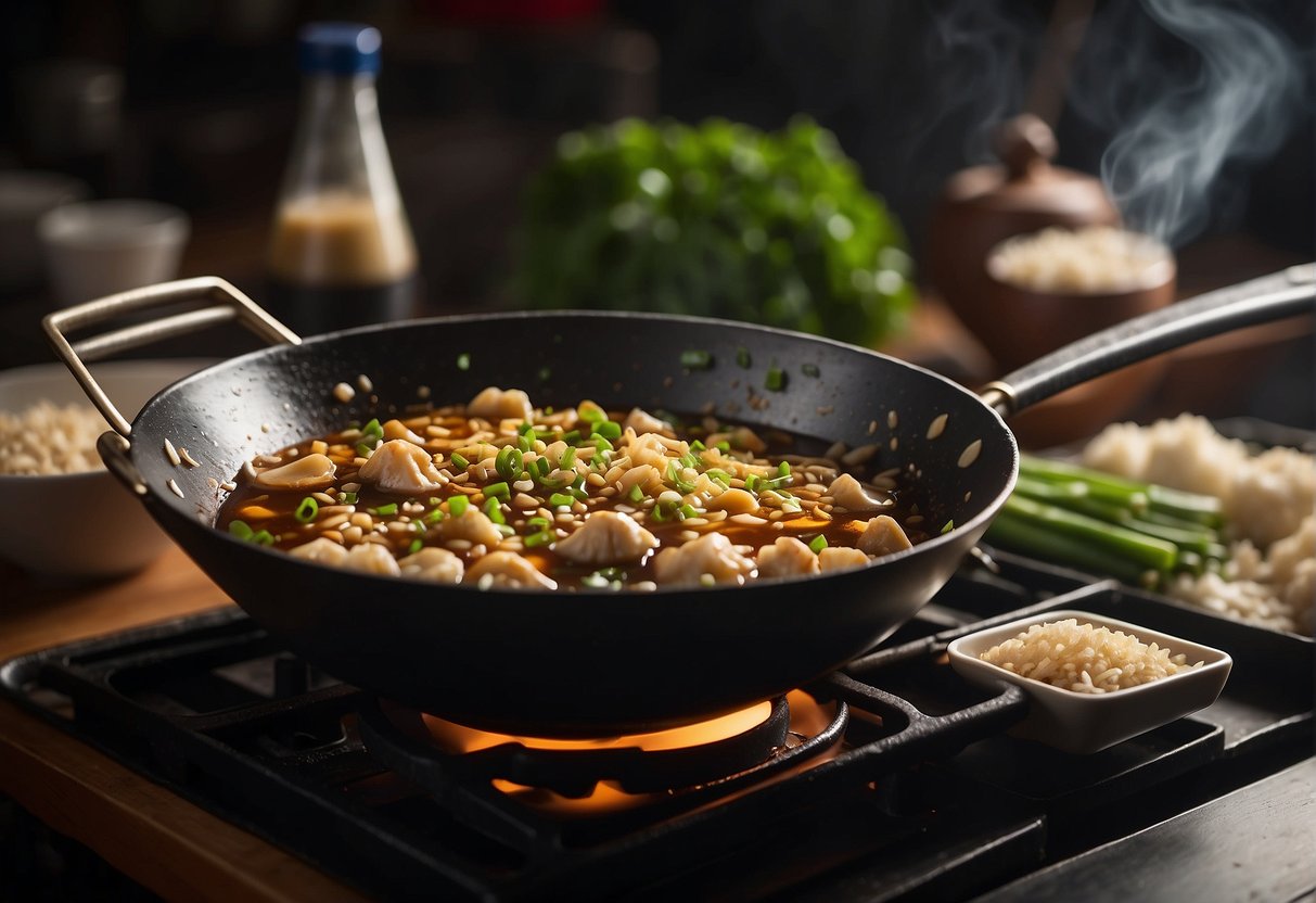 A wok sizzles as oyster sauce, soy sauce, and sugar are stirred together over high heat. Garlic and ginger are added, filling the air with a savory aroma. Green onions and sesame oil are drizzled in, creating a