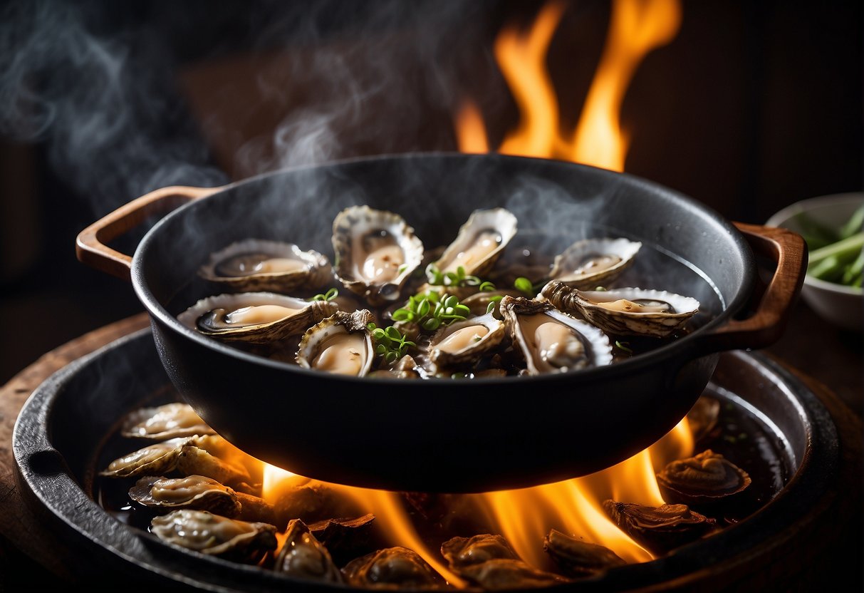 A pot bubbling over an open flame, filled with simmering oysters, soy sauce, and spices, creating the rich and savory Chinese oyster sauce