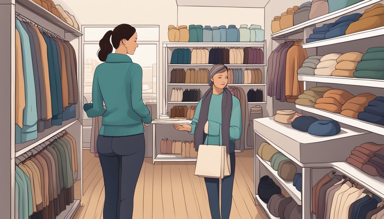 A cozy cashmere boutique with shelves of soft sweaters, scarves, and shawls in various colors and textures, with a knowledgeable salesperson assisting a customer