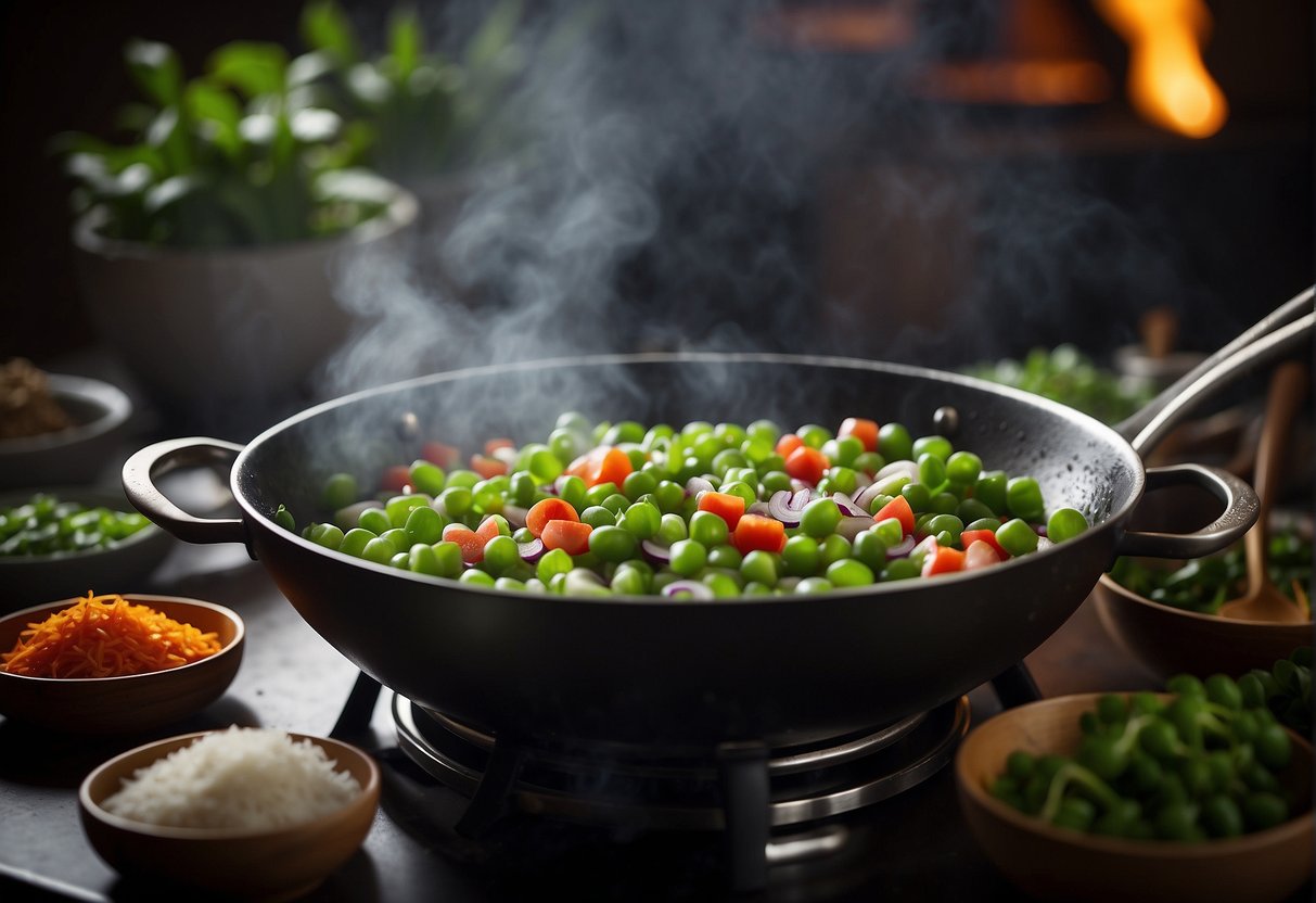 A bowl of sweet peas stir-frying in a sizzling wok, with colorful Chinese spices and sauces nearby