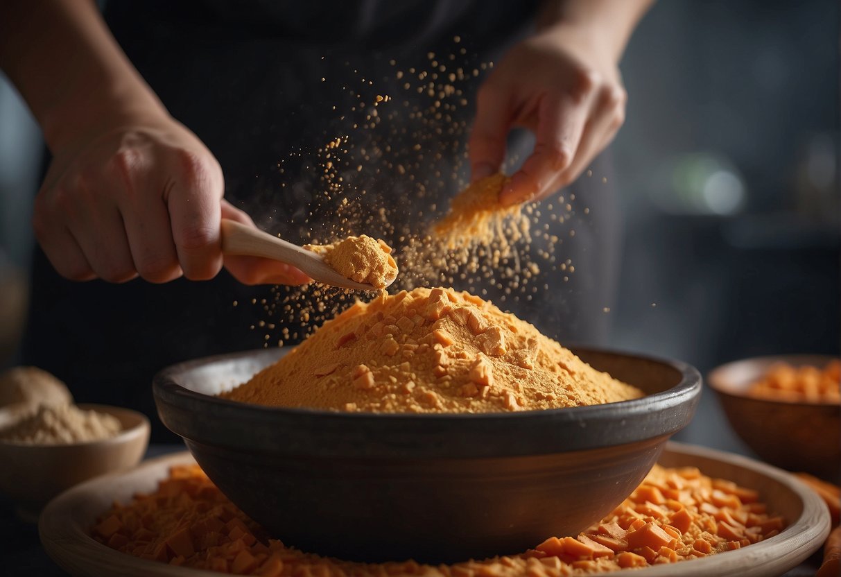 A hand mixing sweet potato flour into a bowl of Chinese recipe ingredients