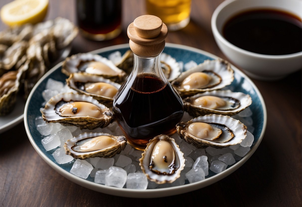 A bottle of Chinese oyster sauce surrounded by fresh oysters, soy sauce, and sugar, with a bowl of water and cornstarch nearby