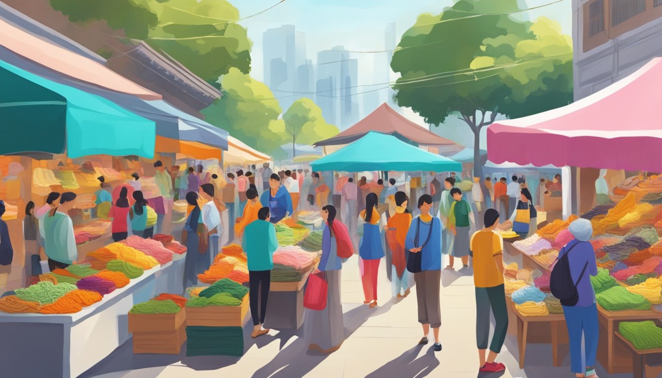 A bustling market with various vendors selling cashmere products in Singapore. Brightly colored scarves and sweaters are displayed on tables, catching the attention of passersby