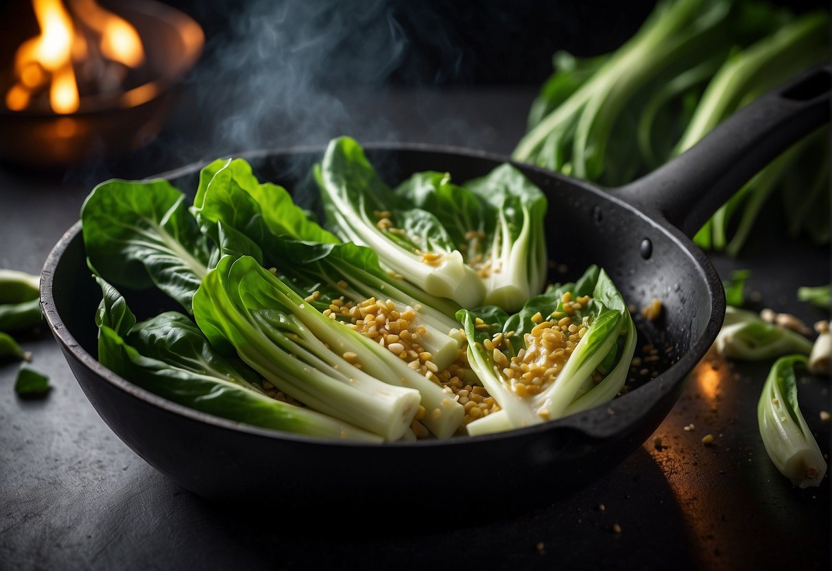 Fresh pak choi sizzling in a hot pan with minced garlic, emitting a tantalizing aroma