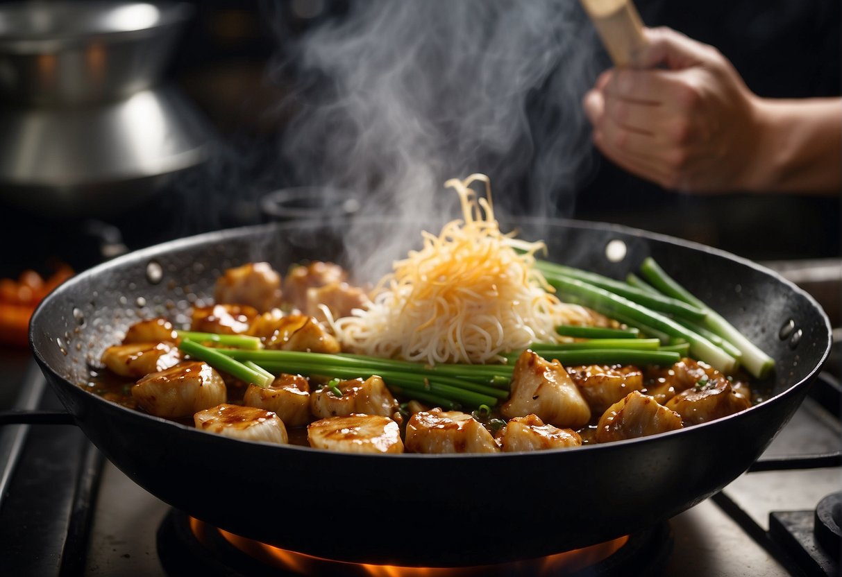 A wok sizzles over high heat. A chef adds garlic, ginger, and green onions, then pours in oyster sauce. The ingredients bubble and caramelize, creating a savory aroma