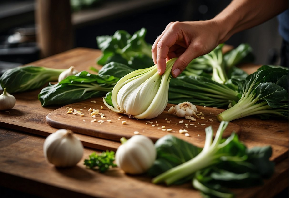 Pak choi and garlic being chopped and prepared for Chinese recipe