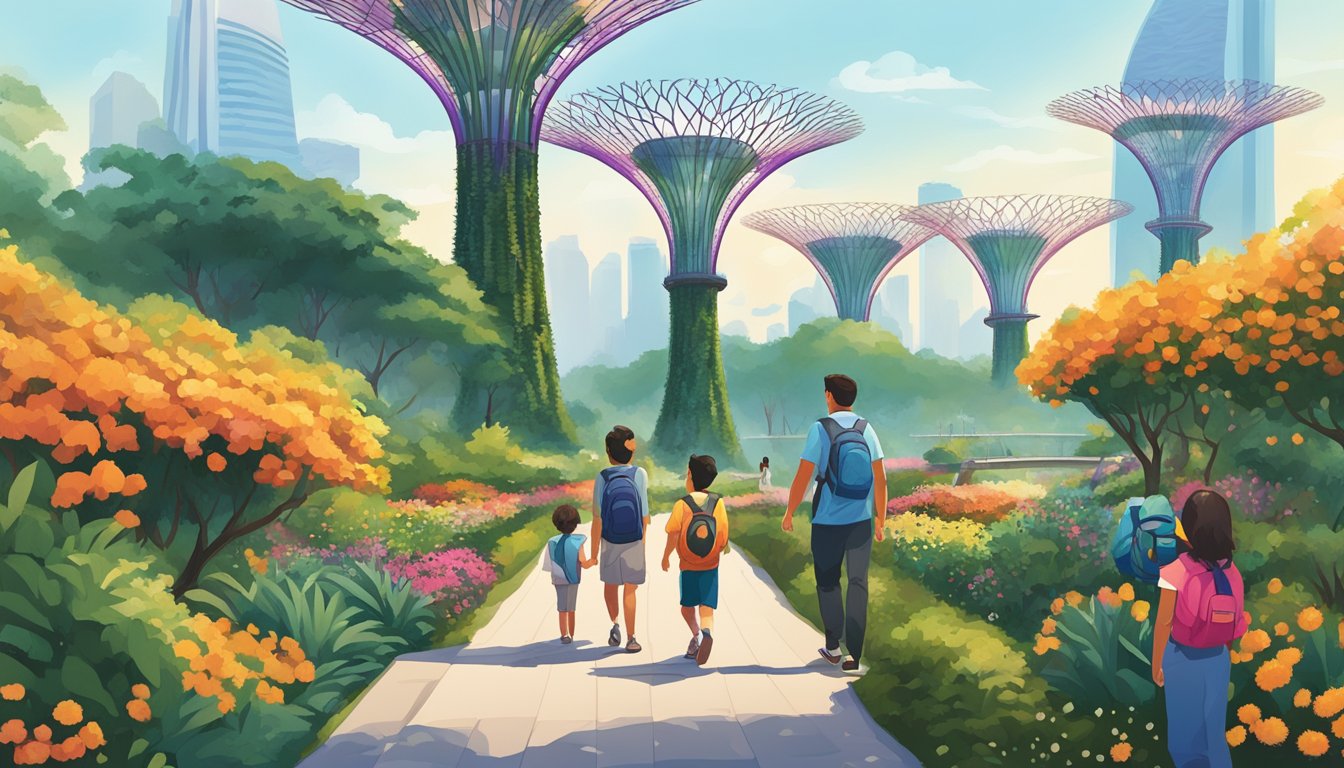 A family walks through Gardens by the Bay, marveling at the towering Supertrees and vibrant floral displays. They carry backpacks and water bottles, smiling and chatting as they explore