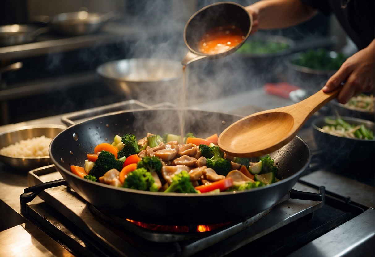 A wok sizzles as oyster sauce is poured over stir-fried vegetables and meat. Steam rises, filling the kitchen with savory aromas