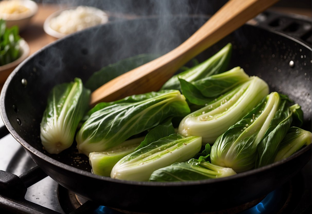 Pak choi sizzling in a wok with minced garlic, steam rising, a wooden spatula stirring