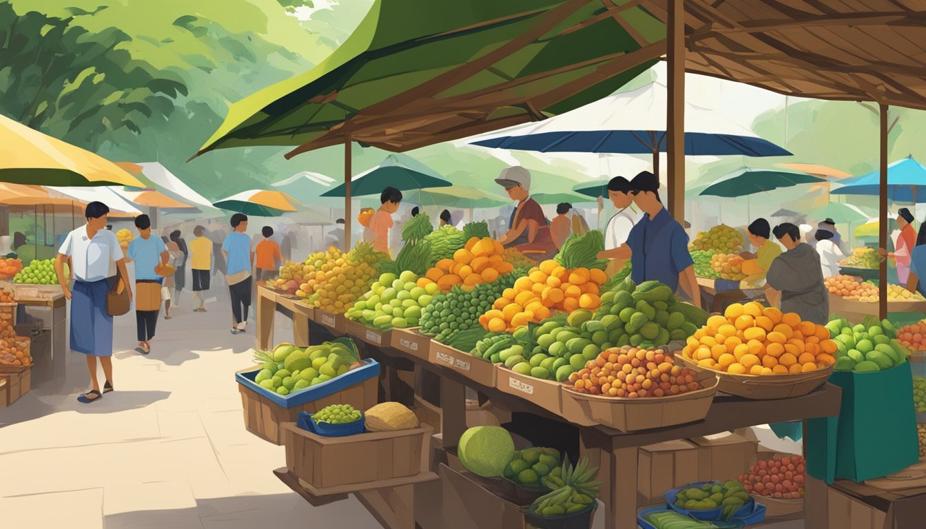 A bustling outdoor market in Singapore, with vendors selling ripe cempedak fruit piled high on wooden tables. The vibrant green and brown spiky fruit are displayed alongside other tropical produce, under the shade of colorful umbrellas