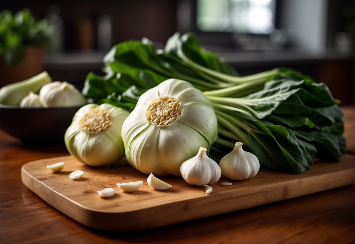 Fresh pak choi and garlic arranged on a wooden cutting board, with a nutritional information label next to them