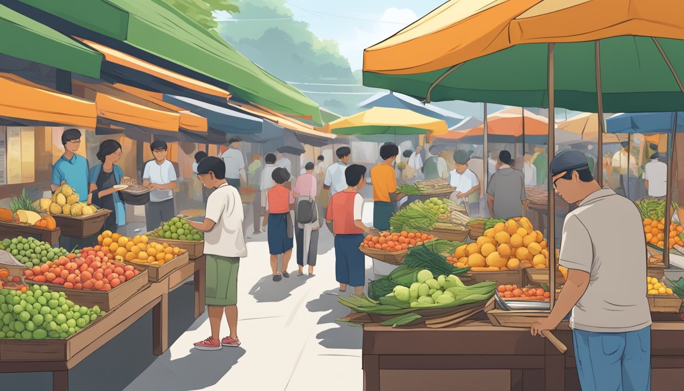 A bustling Singapore street market with vendors displaying fresh cempedak fruit on colorful stalls. Customers inspecting and purchasing the tropical delicacy
