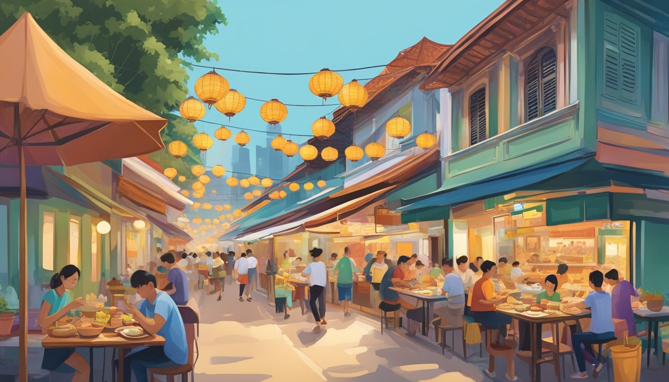 A bustling hawker center filled with the aroma of sizzling satay and steaming laksa. Colorful Peranakan shophouses line the streets, while the iconic Marina Bay Sands glimmers in the distance