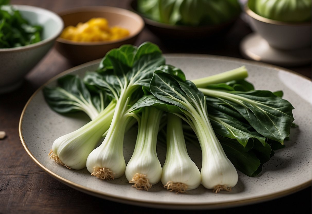 A plate of Chinese pak choi with garlic, presented with serving utensils and a decorative garnish