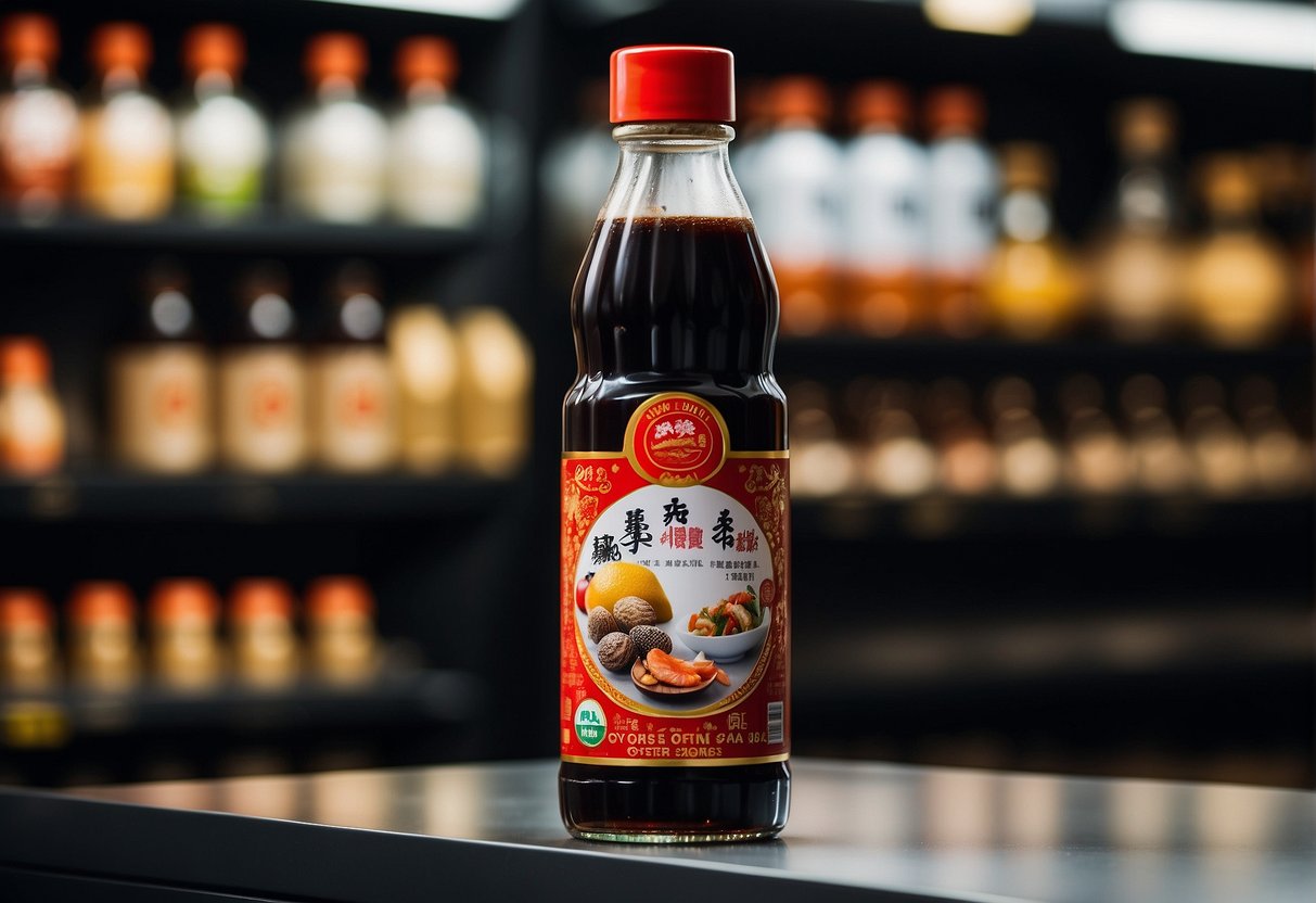 A bottle of Chinese oyster sauce sits on a clean, organized shelf in a pantry. The label is clear and the lid is tightly sealed