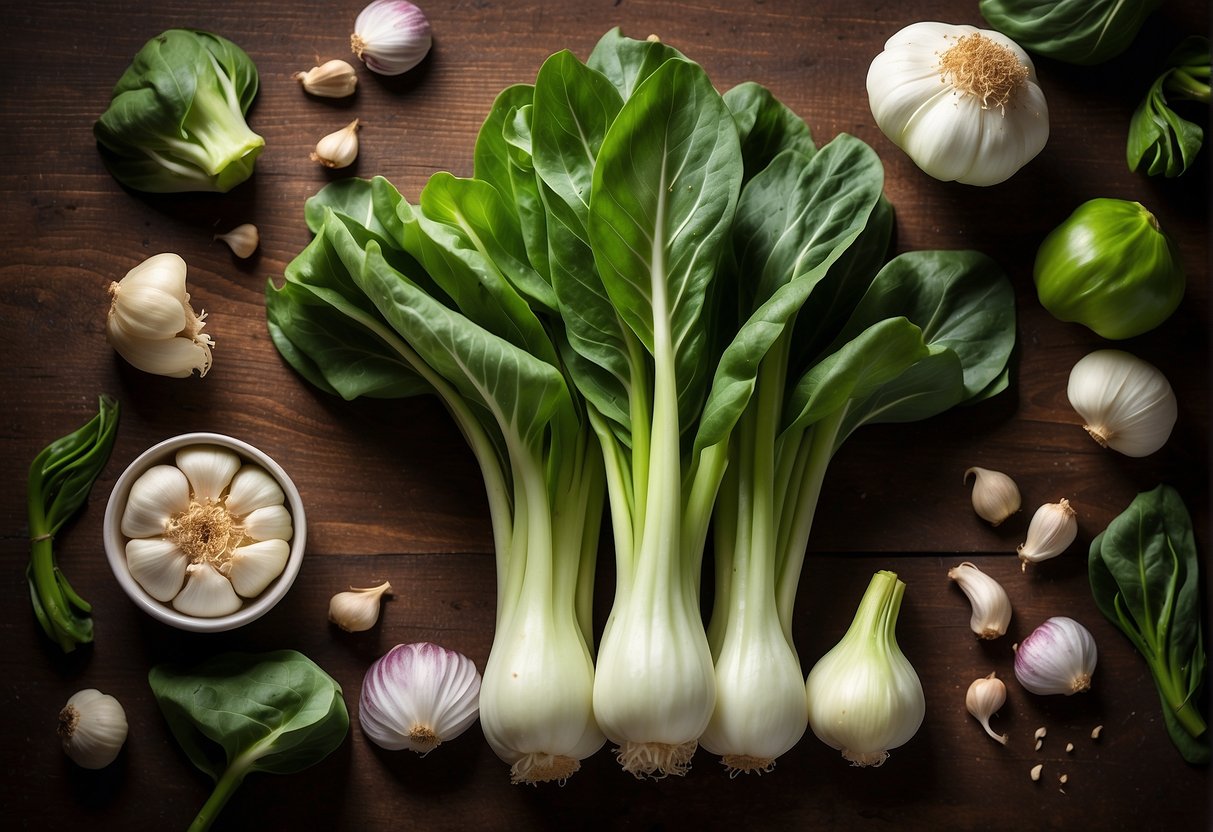 A head of pak choi surrounded by garlic cloves, with a banner reading "Frequently Asked Questions Chinese Pak Choi Recipe" above