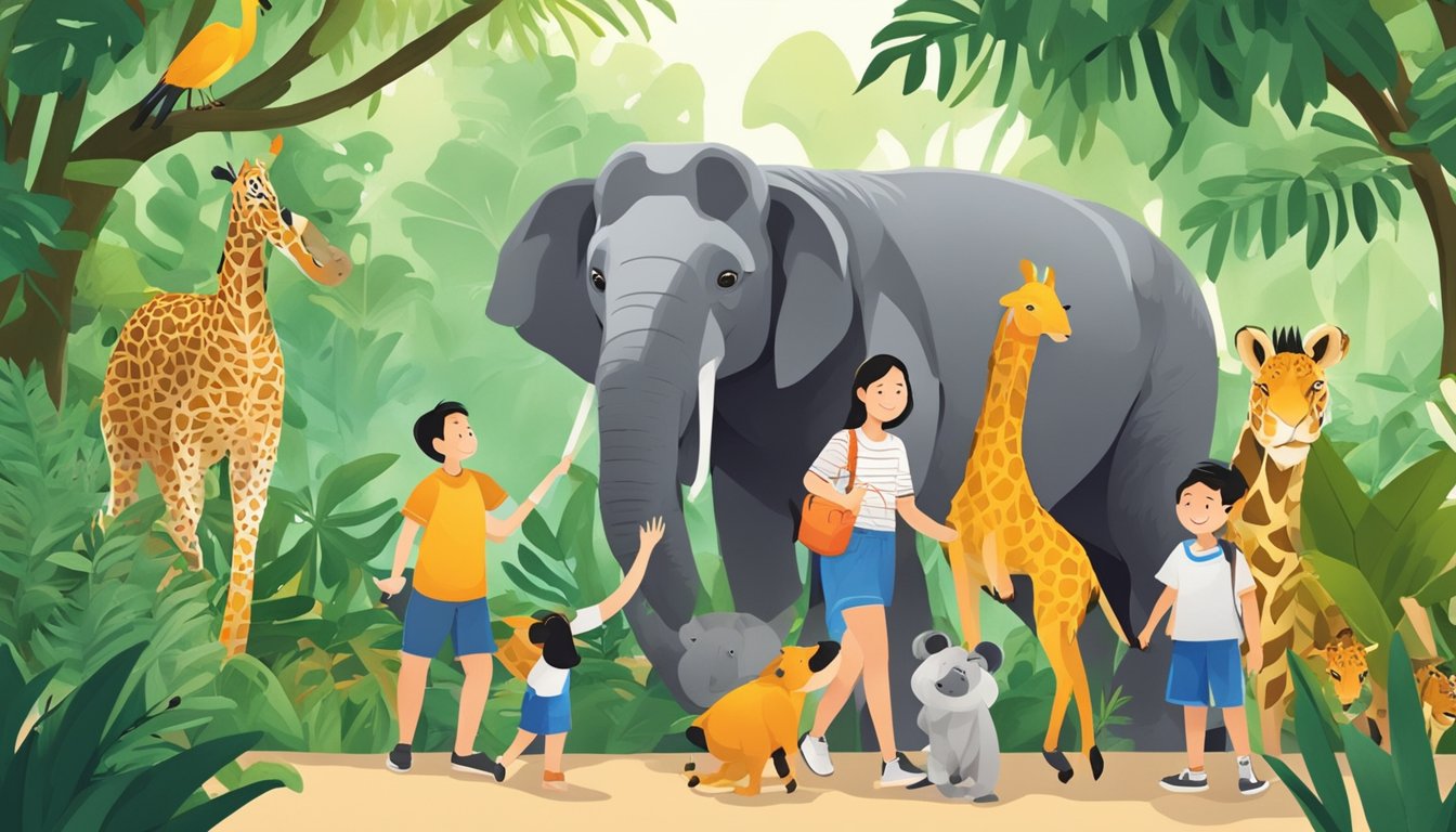 A family enjoys a fun day at a Singaporean zoo, surrounded by exotic animals and lush greenery, creating lasting memories together