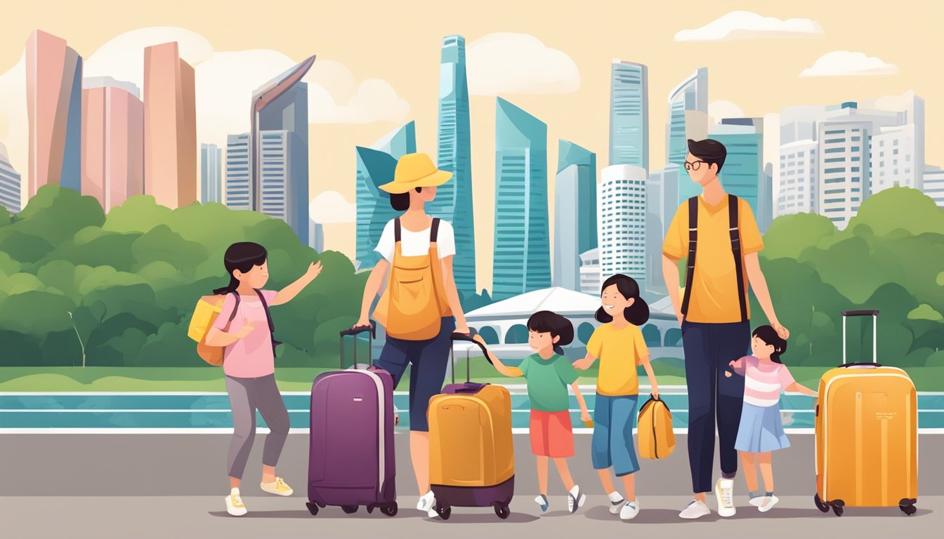 A family with luggage exploring Singapore's iconic landmarks and enjoying local cuisine