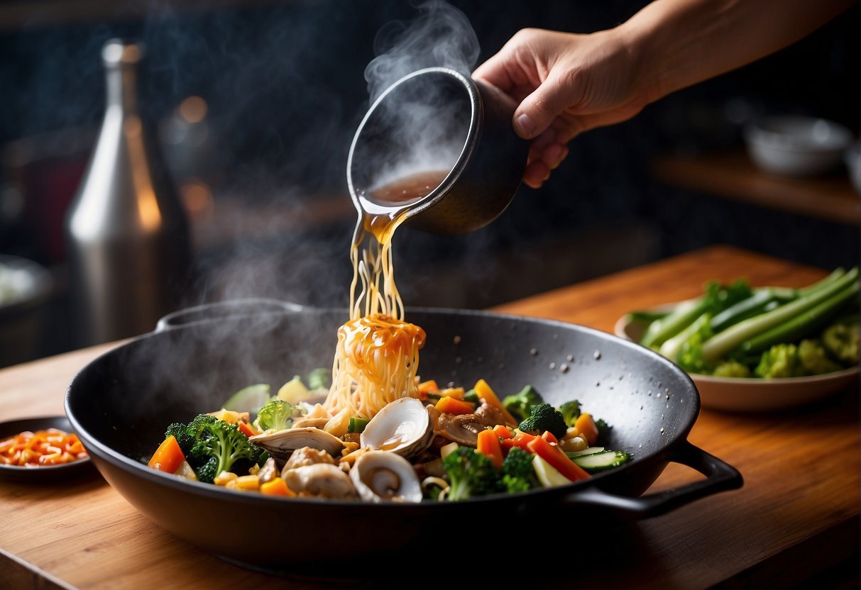 A wok sizzles as oyster sauce is poured over stir-fried vegetables. A chef's hand holds a bottle labeled "Chinese Oyster Sauce." Steam rises