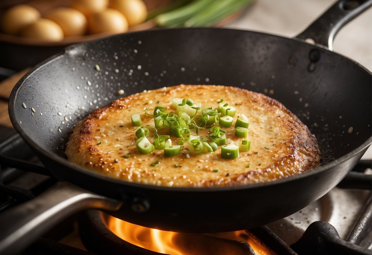 A sizzling frying pan with a thin layer of batter cooking to golden brown perfection, emitting a mouthwatering aroma of savory spices and green onions