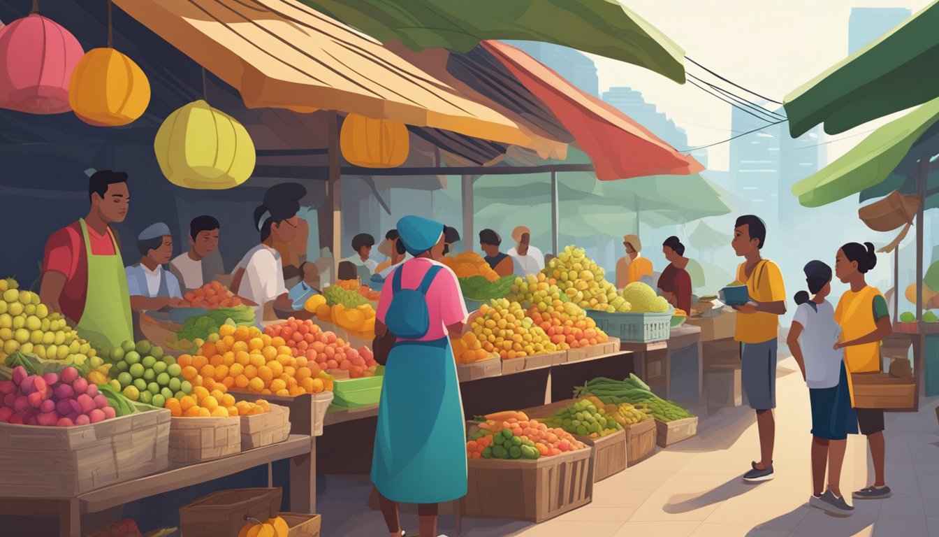 A bustling market stall with vibrant cempedak fruit on display, surrounded by curious customers and a friendly vendor ready to answer questions