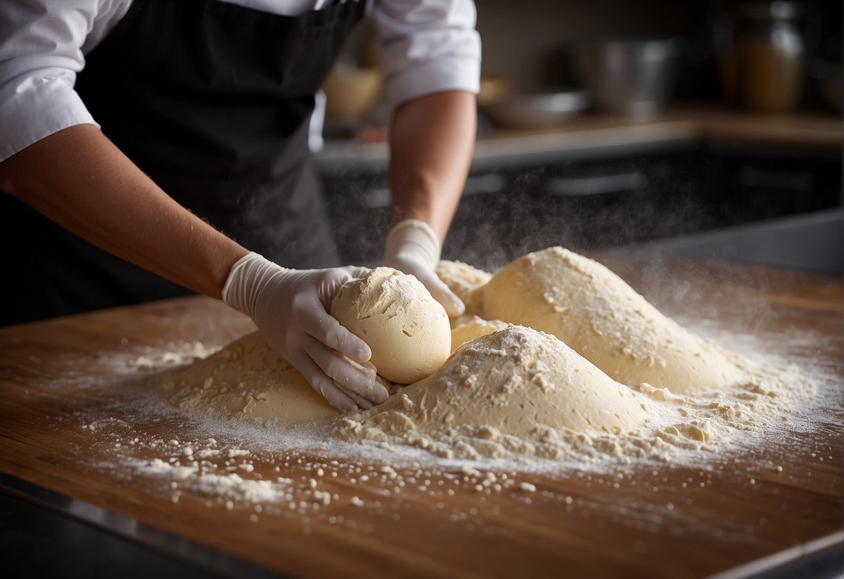 A chef mixes flour, water, and salt to make a smooth dough. They roll it out, spread on oil, and fold it into layers