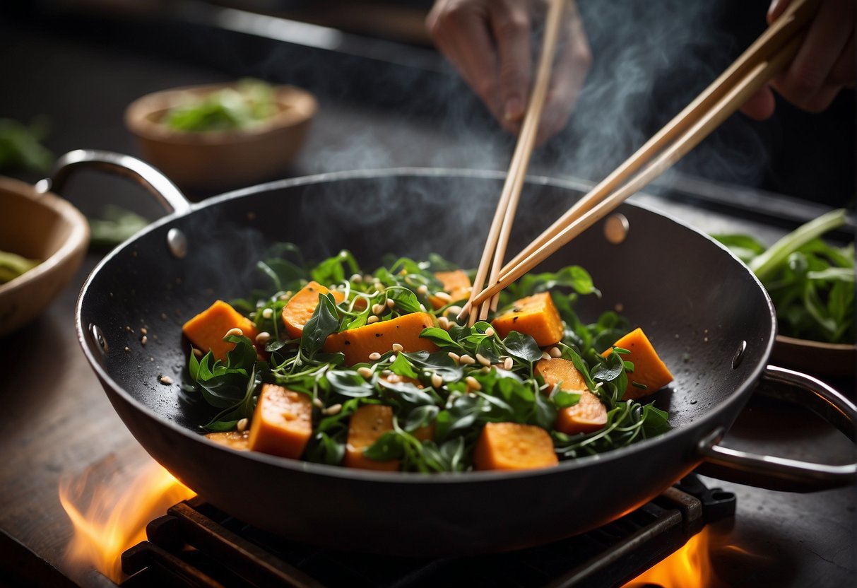 Vibrant sweet potato leaves stir-frying in a wok with garlic, soy sauce, and sesame oil. A pair of chopsticks rests on the edge of the wok