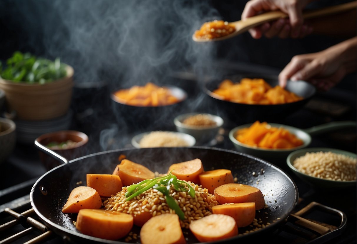 Sweet potatoes being stir-fried in a wok with aromatic Chinese spices and sauces, emitting a tantalizing aroma. Garnished with sesame seeds and green onions