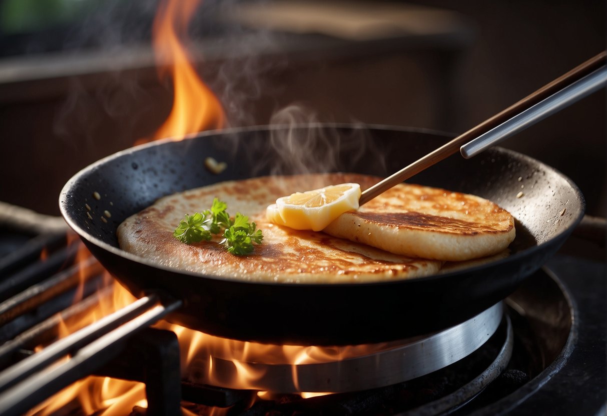 A pair of chopsticks expertly flips a Chinese pancake in a sizzling pan, while a thin layer of oil glistens on the surface