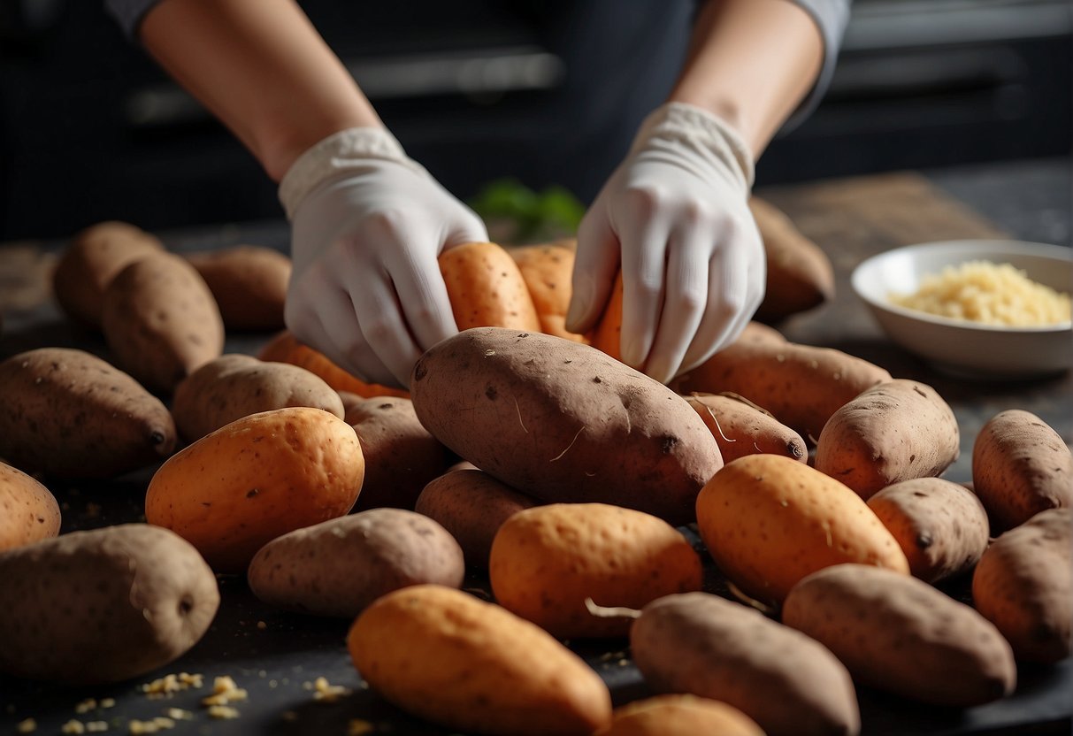 A hand reaches for a pile of sweet potatoes, ready to be peeled and sliced for a Chinese-style recipe. Ingredients and utensils are neatly arranged on the kitchen counter