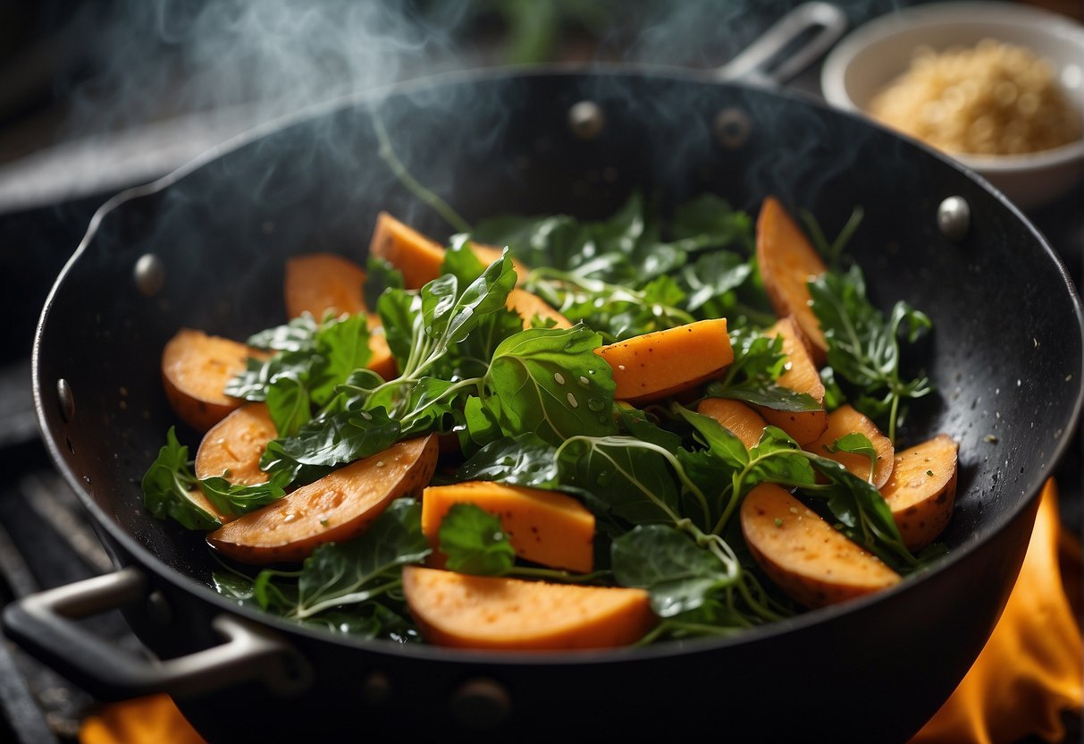 Sweet potato leaves sizzle in a hot wok, tossed with garlic and soy sauce. Steam rises as the vibrant green leaves wilt and caramelize, creating a savory aroma
