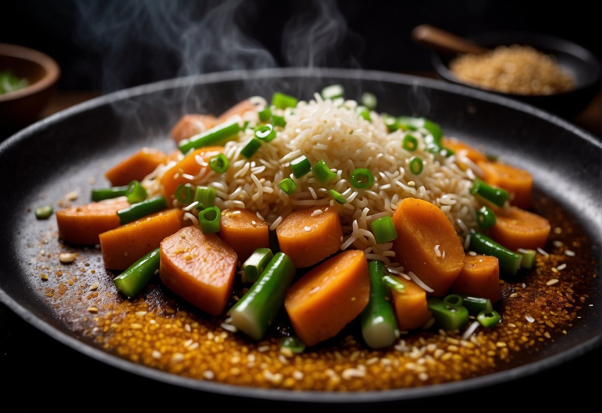 A steaming wok sizzles with diced sweet potatoes, stir-frying in aromatic garlic, ginger, and soy sauce. Green onions and sesame seeds sprinkle over the golden-brown dish