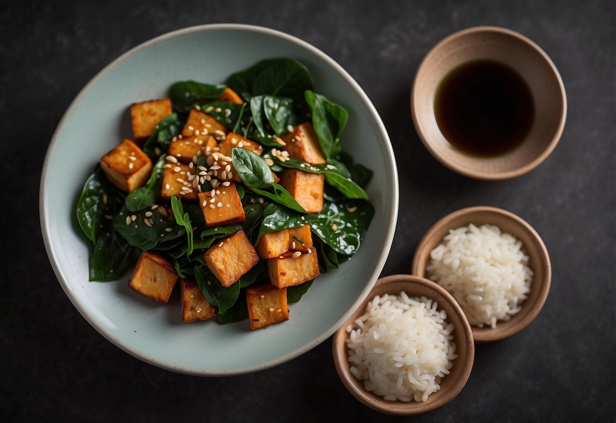 Sweet potato leaves being stir-fried with garlic and soy sauce, paired with steamed rice and a side of crispy tofu