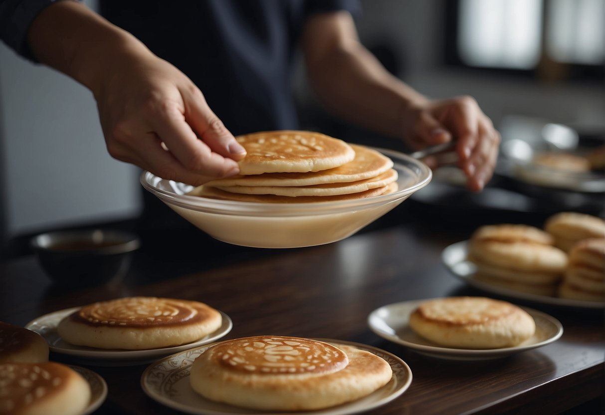 A person placing freshly made Chinese pancakes onto a plate, while another person stores the remaining pancakes in an airtight container