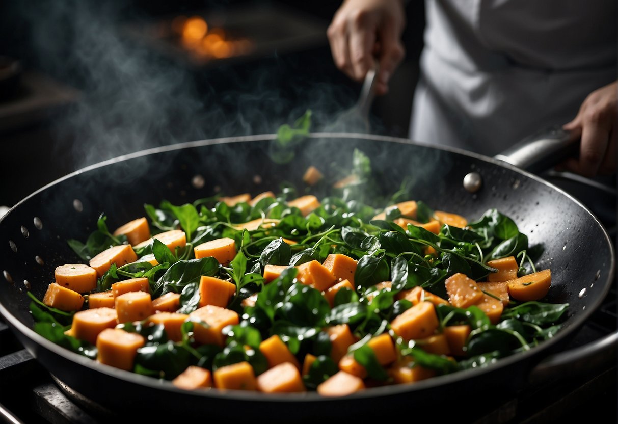A chef stir-fries sweet potato leaves with garlic and soy sauce in a sizzling wok. The vibrant green leaves glisten as they cook, emitting a savory aroma