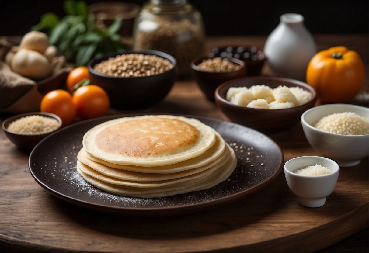 A table with ingredients and utensils for making Chinese pancakes