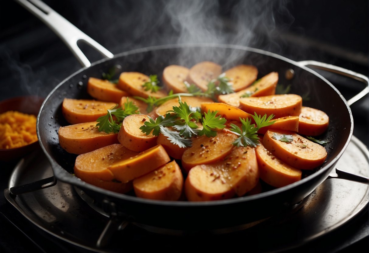 Sweet potato slices sizzling in a wok with aromatic Chinese spices and sauces, steam rising, creating a tantalizing aroma