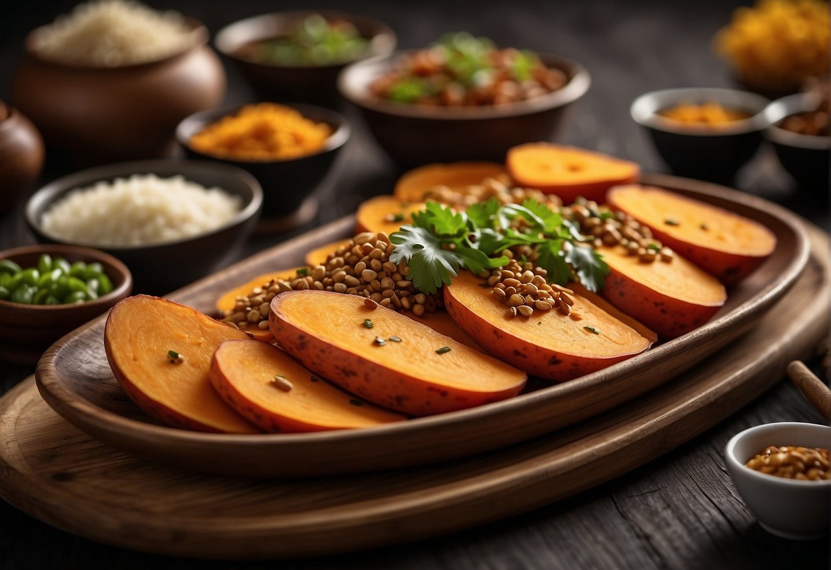 A colorful array of sweet potato dishes, stir-fried and steamed, with aromatic Chinese spices and sauces, arranged on a bamboo serving platter